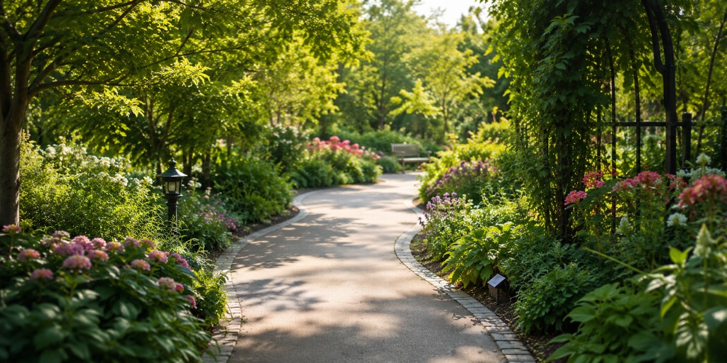 Sunlit pathway through a botanical garden