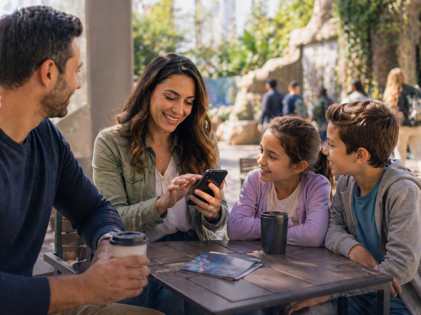 Family using a phone after a visit at an attraction