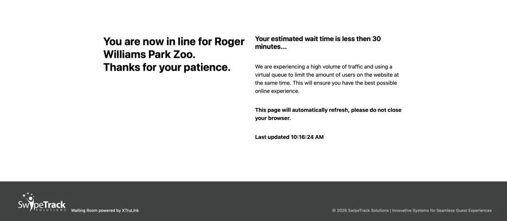 XTruLink waiting room queue screen showing queue position and estimated wait time